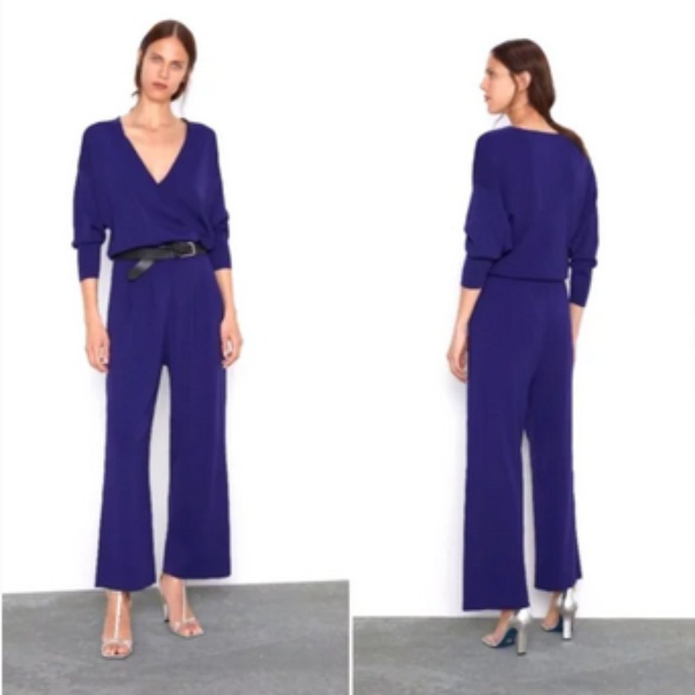 Zara Purple Bandage Knit Faux Wrap Front Pleated Jumpsuit Pants sz Md